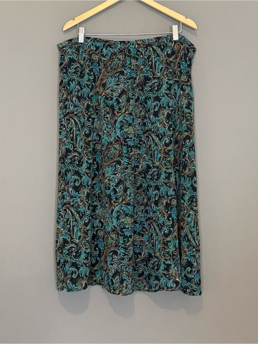 Jaclyn Smith Paisley Chiffon Midi Skirt Black Teal 1X Whimsigoth Boho Lined